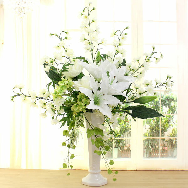 お誕生日や記念日にお花フラワーアレンジのプレゼントカサブランカ アレンジ(ホワイト)アートフラワー 造花消臭抗菌 テルクリン 光触媒 選択可高さ70cm×幅55cm×奥行38cm