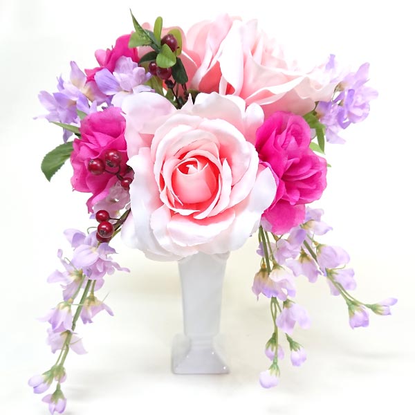 楽天花と緑のはなここピンク ローズ デルフィニューム造花 フラワーアレンジメント 高さ約30cm花 光触媒 ギフト プレゼント お祝い 誕生日 贈り物 hc1550