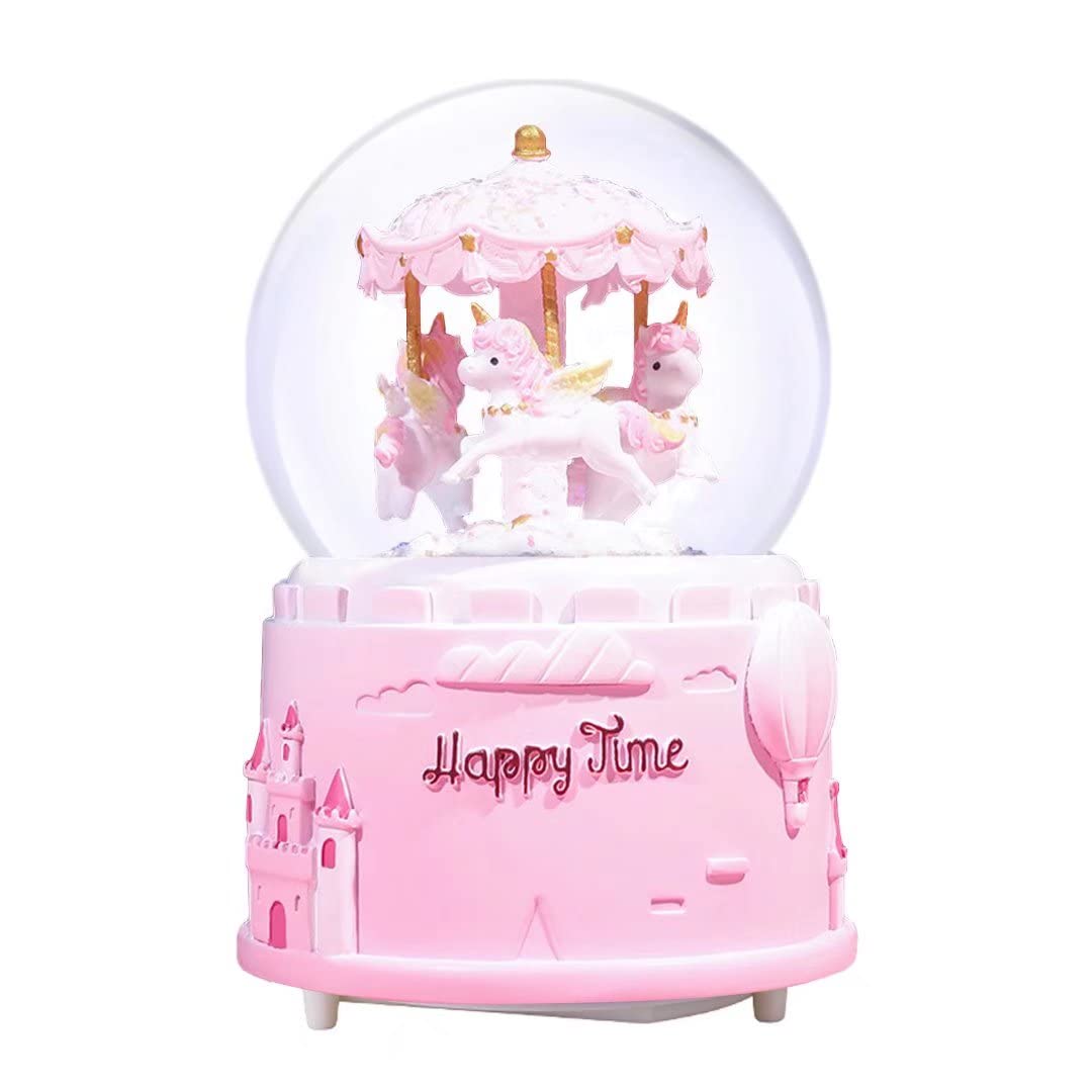子供用 ユニコーン スノードーム 80mm ウォーターグローブ チューン カルーセル オルゴール カラーライ..