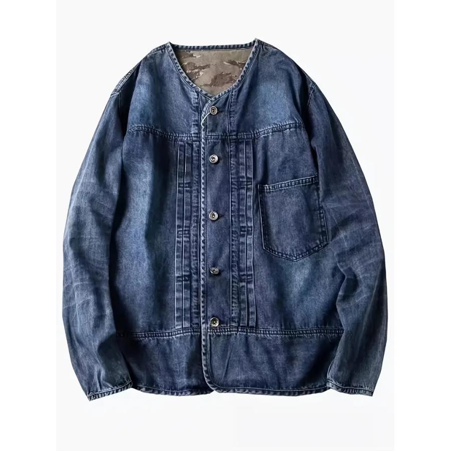 メンズ ノーカラー デニムジャケット 春秋 胸ポケット 薄手 軽い 長袖 防風 防寒 無地 カジュアルジャケット ジージャン レトロ スタイリッシュ 普段使い 通学
