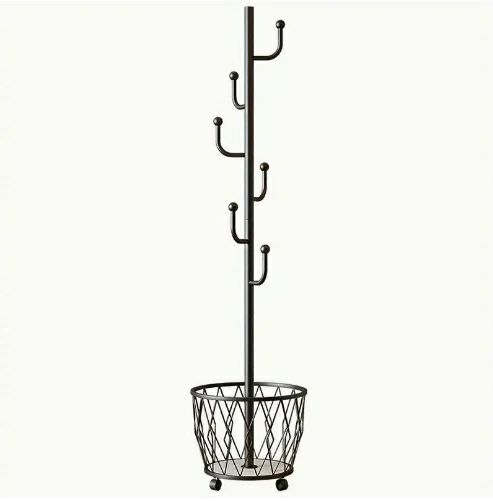 コートラック自立型、サボテンコートツリー、収納バスケットと6つのフックとモバイルホイール付き、玄..