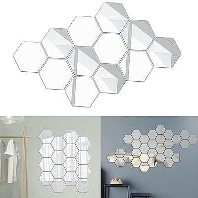 12枚入り ウォール ミラー ステッカー 鏡シール ミラーシート ミラーウォールステッカー 貼る鏡 六角形 アクリルミラー 126×110×63mm 割れない鏡 壁掛けミラー 安全フィルム 鏡効果 おしゃれ ホームデコレーションのサムネイル