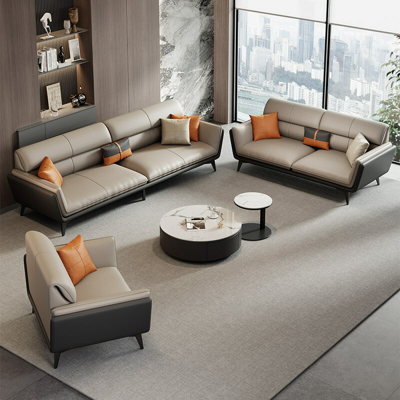 イタリアンカラーの本革オフィスソファローテーブルセットビジネスレセプション応接エリアレジャーオフ..