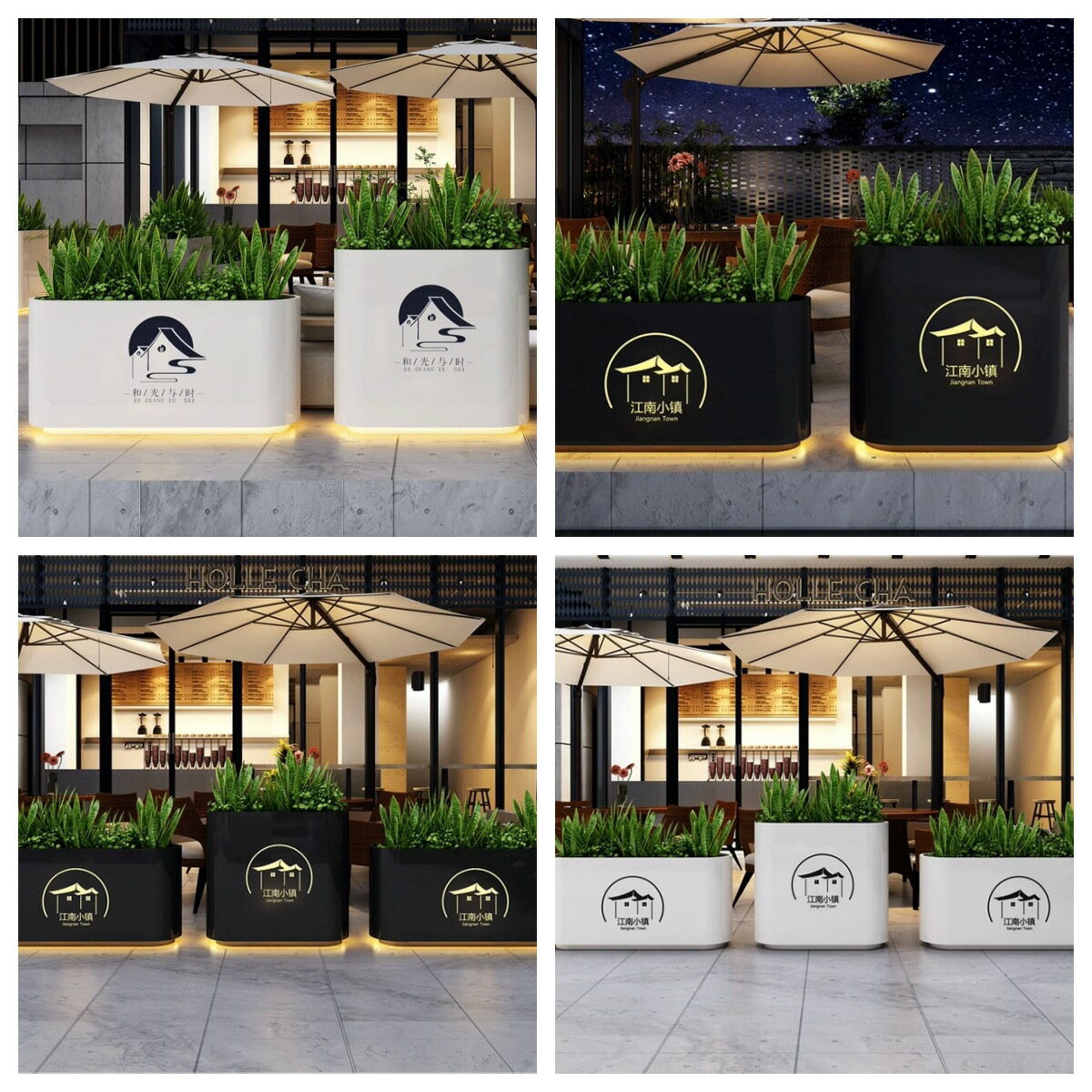 戸外ステンレスの花箱鉄の花箱庭の光の通り花壇の囲いの仕切り長方形の花槽の外に並べます