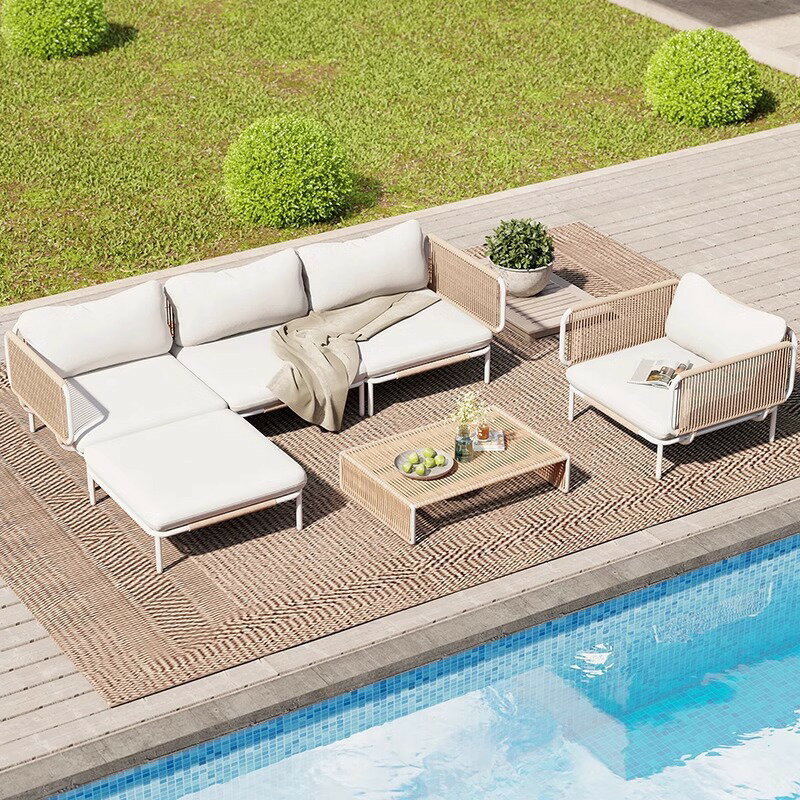 高級別荘庭園家具レジャー民宿屋外テラスガーデン籐編みチークソファテーブルセット