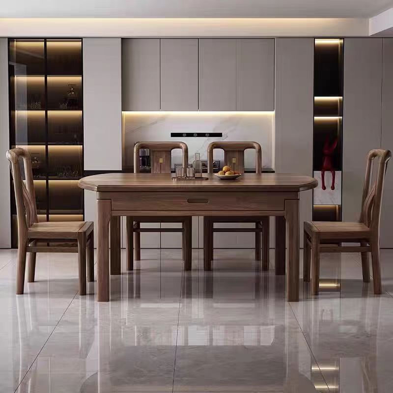 中国式胡桃木無垢材ダイニングテーブルと椅子の組み合わせシンプル家庭用方円両用伸縮高級感ダイニング..