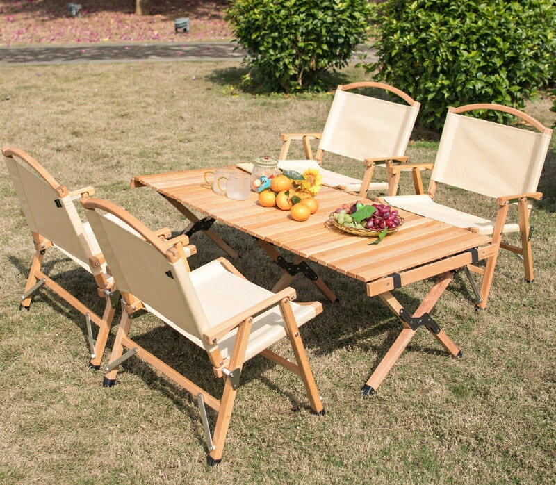 屋外折りたたみテーブルと椅子ケヤキの木アルミ合金ポータブルキャンプバーベキューピクニックキャンプ..