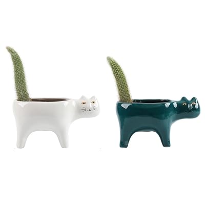Rakuten - かわいい 猫の植木鉢 2個セット 多肉鉢 陶器鉢 猫プランター 多肉植物 サボテン 猫のしっぽ 猫プランターポットの装飾 猫のハーブプランター ガーデニング ホーム オフィス 庭の装飾 (グーリン＋ホワイト 2個セット)