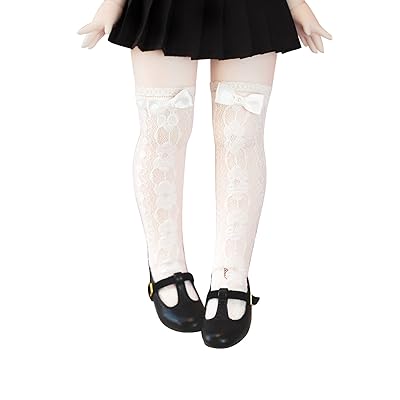 ドール靴下レースソックス1/3と1/4ニーハイソックス白地透け感と繊細感BJD人形服 (クマコ, 膝上)