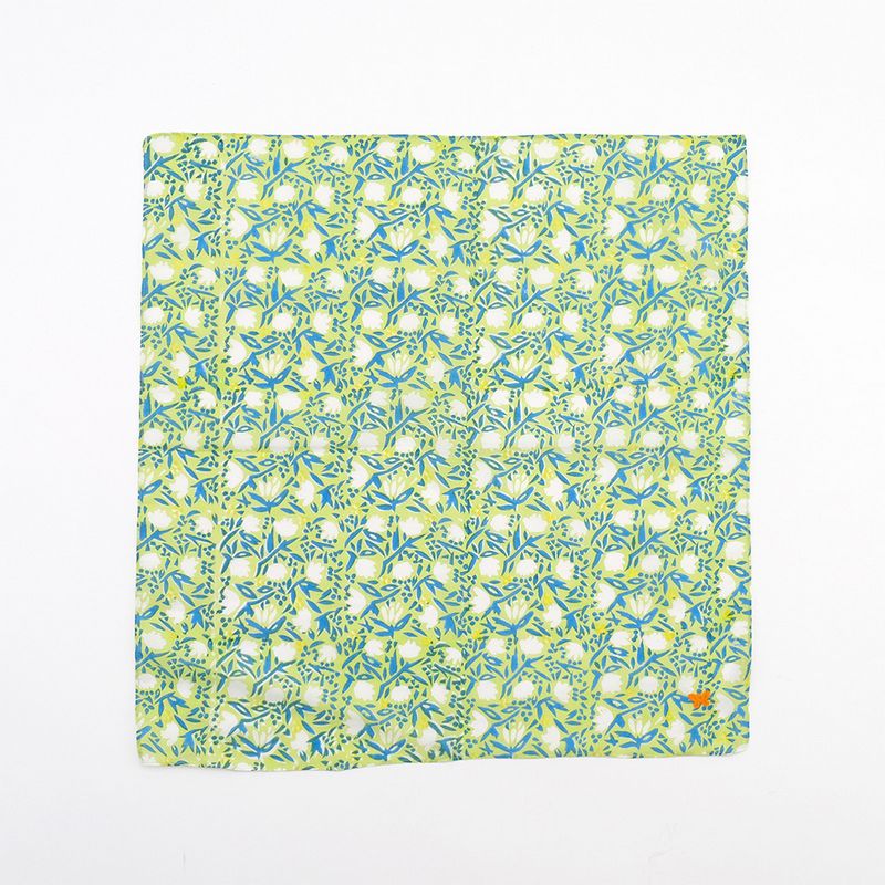 志成販売/夏めくお花畑に刺繍のチョウチョが舞う ブロックプリントのハンカチ/304949GN【07】[3個] 店..