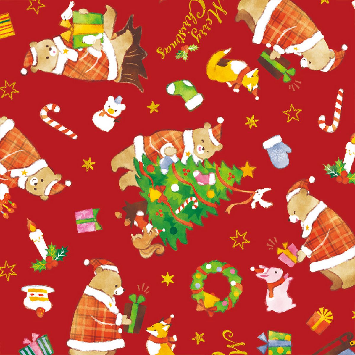 ササガワ/包装紙 森のくまサンタ赤 半才判 50枚袋入/49-3076【01】 ラッピング用品 、梱包資材 ラッピングペーパー(包装紙) 包装紙(平判)