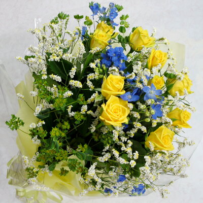 黄 黄色のバラと青の花束「爽！」