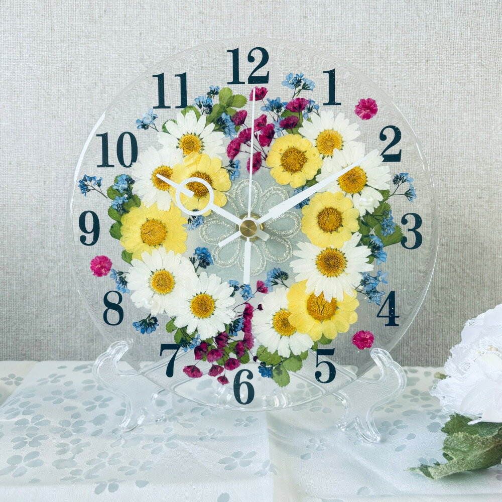 押し花 花時計 【ベル・フルール ラージサイズ 掛け時計・置時計】 φ18cm　ハンドメイド お花が好きなあの方へ 花時計ギフト！可愛いボックス入り