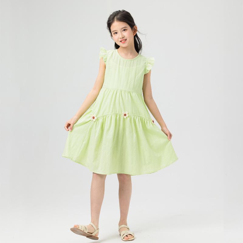 ワンピース 女の子 キッズ 綿 コットン 天然素材 薄手 軽量 ノースリーブ Aライン ドレス 花柄 カントリー調 かわいい キュート 春夏 通気性 吸汗速乾 中大童 8歳以上 140cm対応 ライトグリーン 普段使い お出かけ
