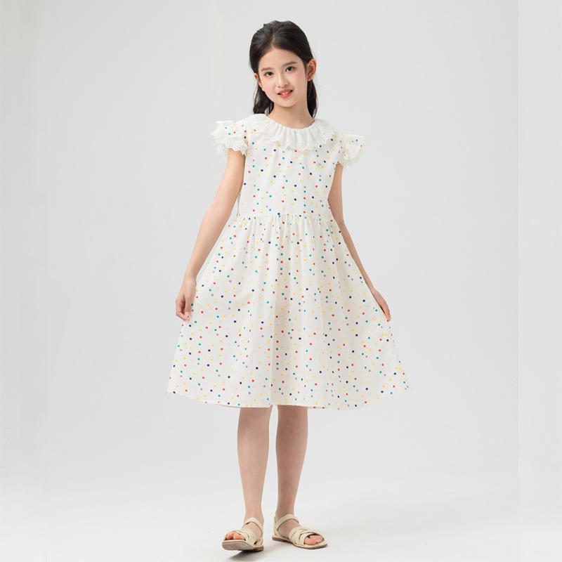 ワンピース 女児 韓国子供服 フリル袖 カラフル ドット柄 Aライン コットン100% 花柄襟 小学生 ジュニア ガーリー 夏服 かわいい 女の子 ホワイト 綿