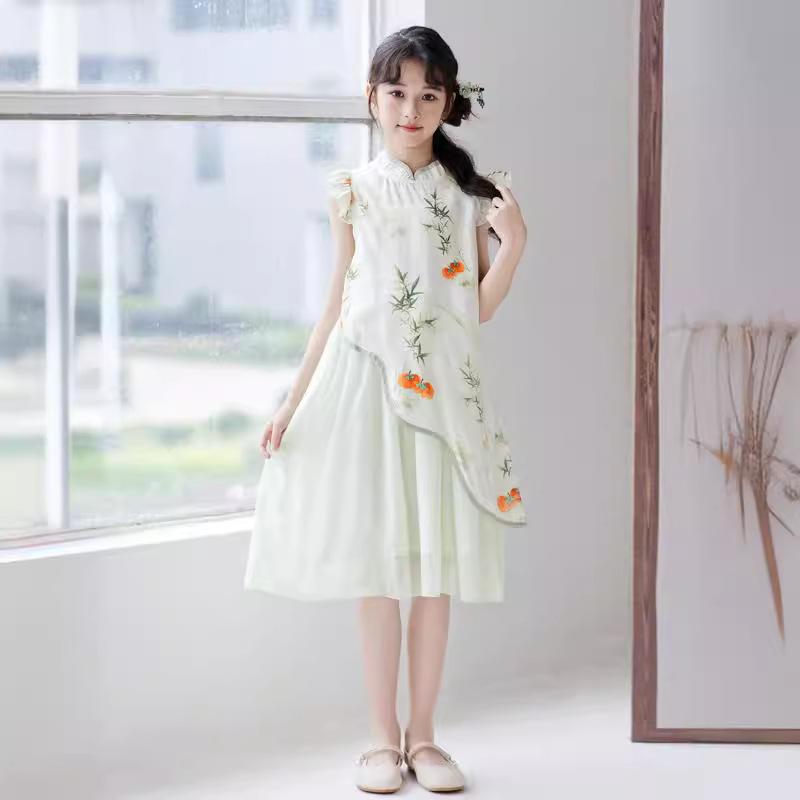 ワンピース 女の子 ジュニア 新チャイナドレス 中国風 民族衣装 春夏 グリーン チュールドレス ソフト..