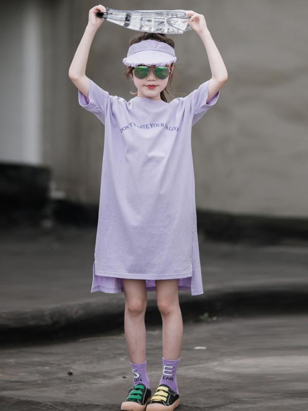 ワンピース キッズ 女児 ジュニア 半袖 ロング丈 Tシャツデザイン コットン100% 夏 韓国ファッション おしゃれ かわいい プリンセスライン ロゴプリント ラベンダー