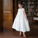 ワンピース 女の子 ガールズ ジュニア 春夏 リゾート ビーチ バカンス ノースリーブ ロング丈 ゆったり コットン 綿100% 無地 ティアードスカート おしゃれ 白 黒