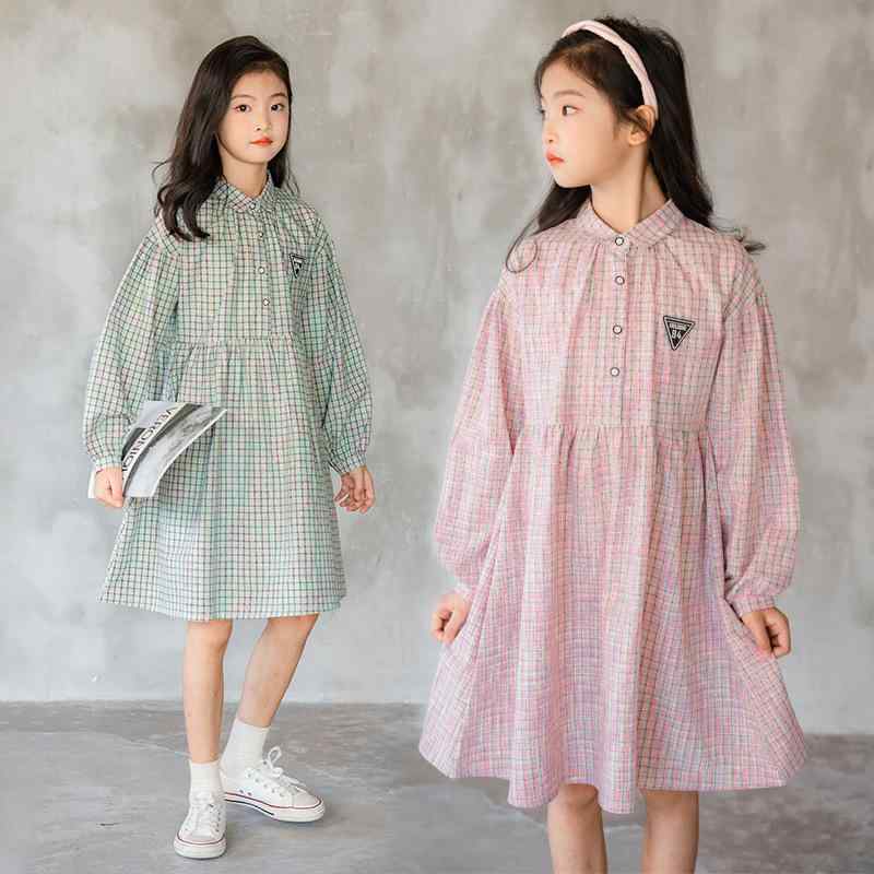 シャツワンピース 女の子 春秋 綿100% 長袖 ロングスリーブ チェック柄 格子柄 襟付き テーラードカラ..