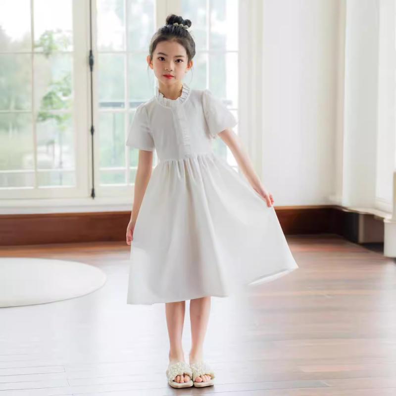 ワンピース キッズ 女の子 ジュニア 夏 半袖 白 レース プリンセス パフスリーブ ウエストリボン Aライン 親子コーデ 韓国ファッション ドレス 女児 お揃い コットン 綿混 お出かけ 発表会
