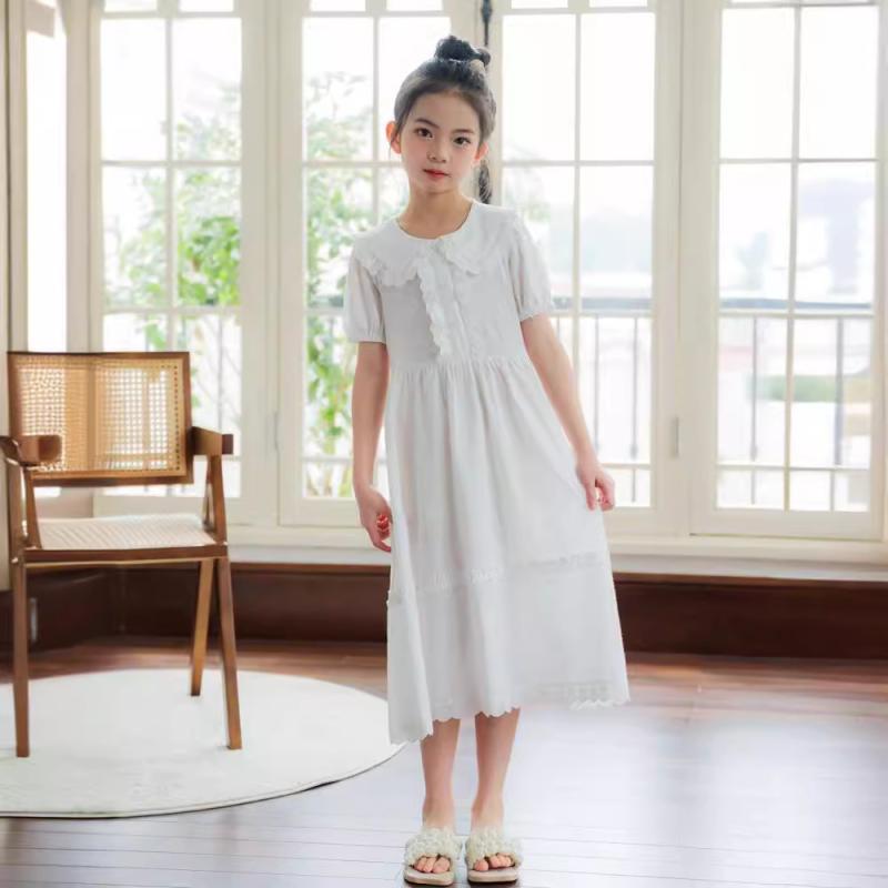 ワンピース 女の子 キッズ ジュニア 白 半袖 コットン 丸襟 付け襟 森ガール ナチュラル ガーリー スウィート 夏 普段使い お出かけ フレア Aライン 小中学生