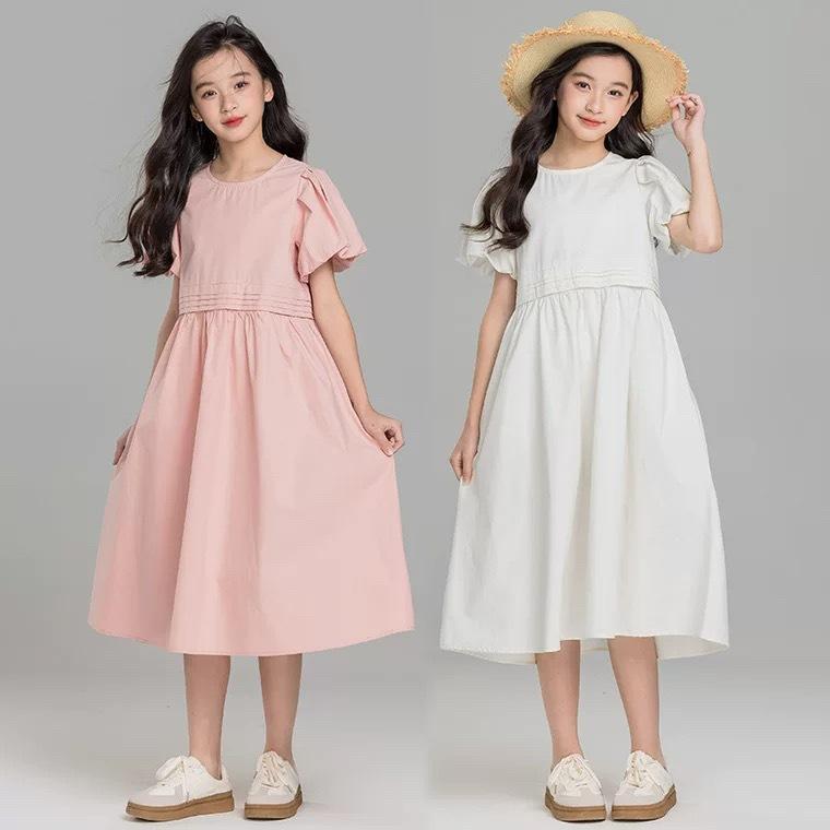 ワンピース 女の子 ジュニア かわいい おしゃれ 韓国ファッション パフスリーブ ミドル丈 夏 親子コーデ 綿100% 無地 フリル フレア 白 ピンク