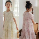 ワンピース 女の子 ジュニア 中大童 花柄 プリント パフスリーブ プリンセス ティアード 切り替え ロング丈ドレス 春夏 ビーチ リゾート ポリエステル 韓国風 柔らかな素材 お出かけ 普段使い トレンド