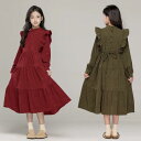 ワンピース キッズ 女の子 ジュニア 上品 かわいい 森ガール風 ナチュラル コーデュロイ ポリエステル 長袖 フリル ティアード ロング丈 秋冬 春 お出かけ カジュアル