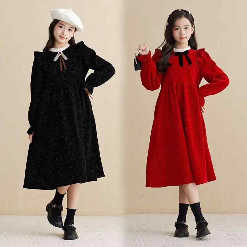 ワンピース 女の子 キッズ 秋冬 レトロ リボン 長袖 パフスリーブ ウエストマーク ロング丈 裏起毛 コーデュロイ ポリエステル 体型カバー ゆったり 切り替えデザイン 韓国風 お出かけ