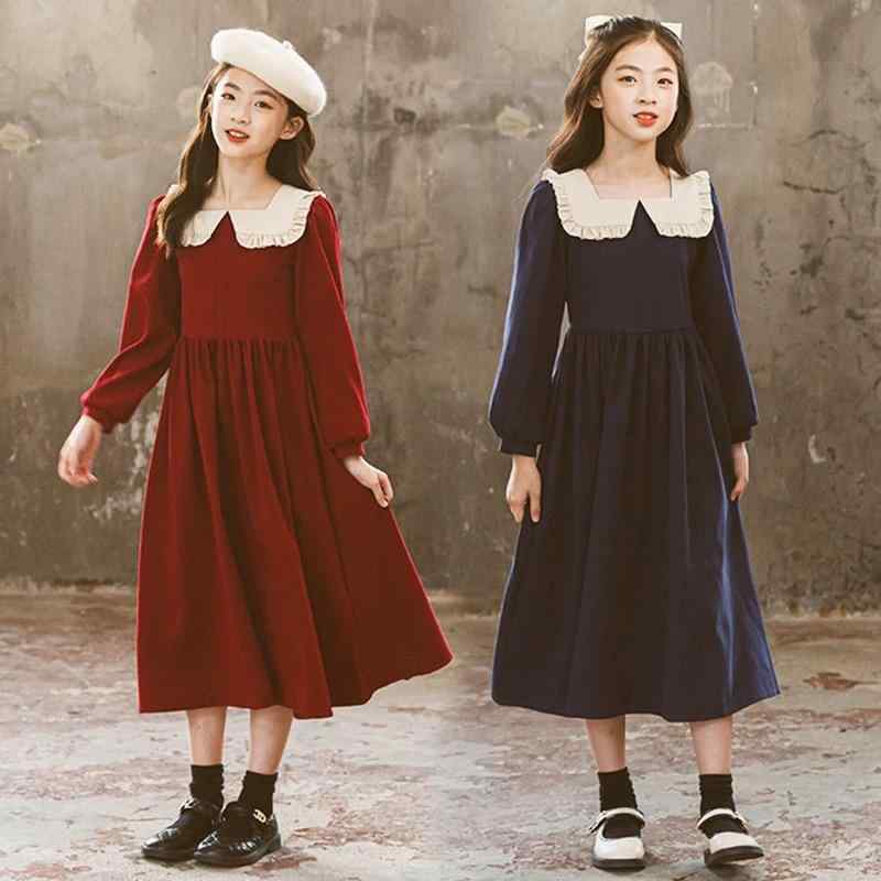 ワンピース 女の子 キッズ ジュニア 秋冬 フレンチスタイル 宮廷風 ロング丈 長袖 Aラインスカート レッド 綿混 ポリエステル おしゃれ かわいい プリンセスドレス 発表会 パーティー