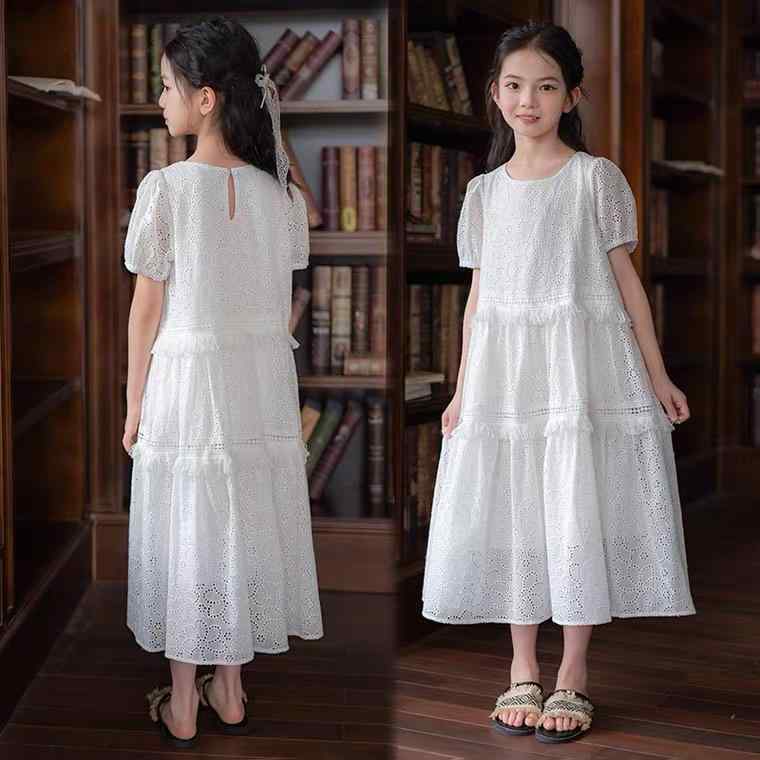 ワンピース 女の子 キッズ ジュニア 白 コットン レース刺繍 パフスリーブ 半袖 ティアード ロング フレア Aライン かわいい スイート フェミニン 無地 ソフト加工 裏地付き 普段使い お出かけ 春夏 通気性 快適