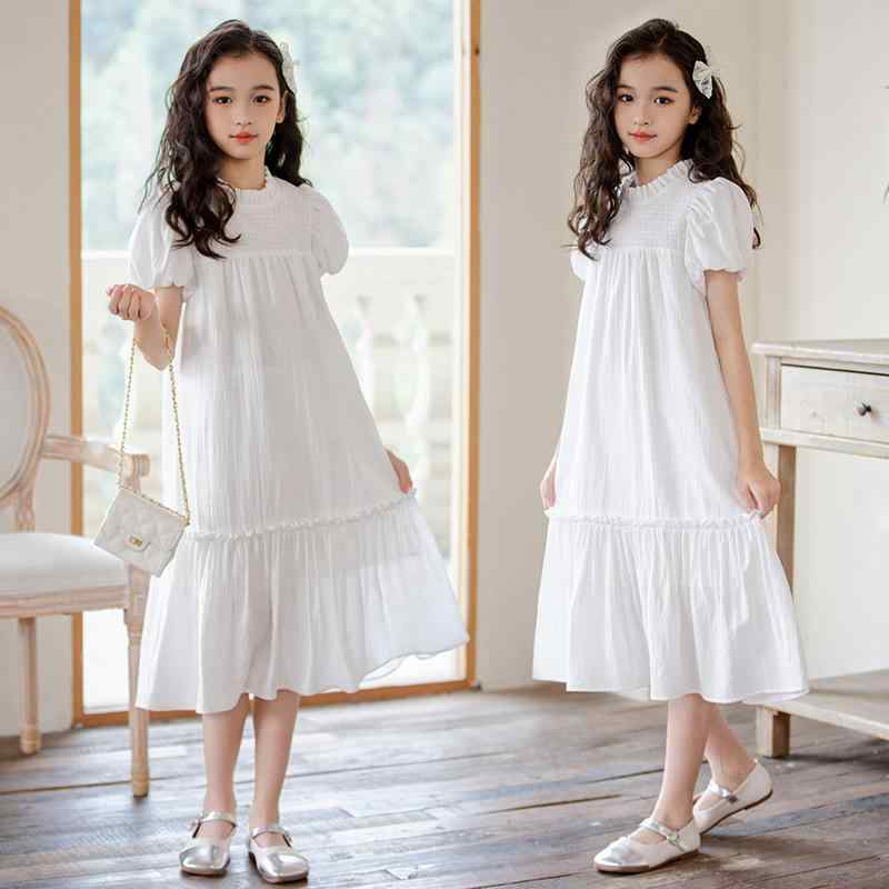 ワンピース 女の子 ジュニア キッズ 春夏 半袖 スモック ギャザー プリンセスドレス Aライン ポリエステル お出かけ 普段着 かわいい カジュアル 韓国風 子供服 ホワイト ブラック