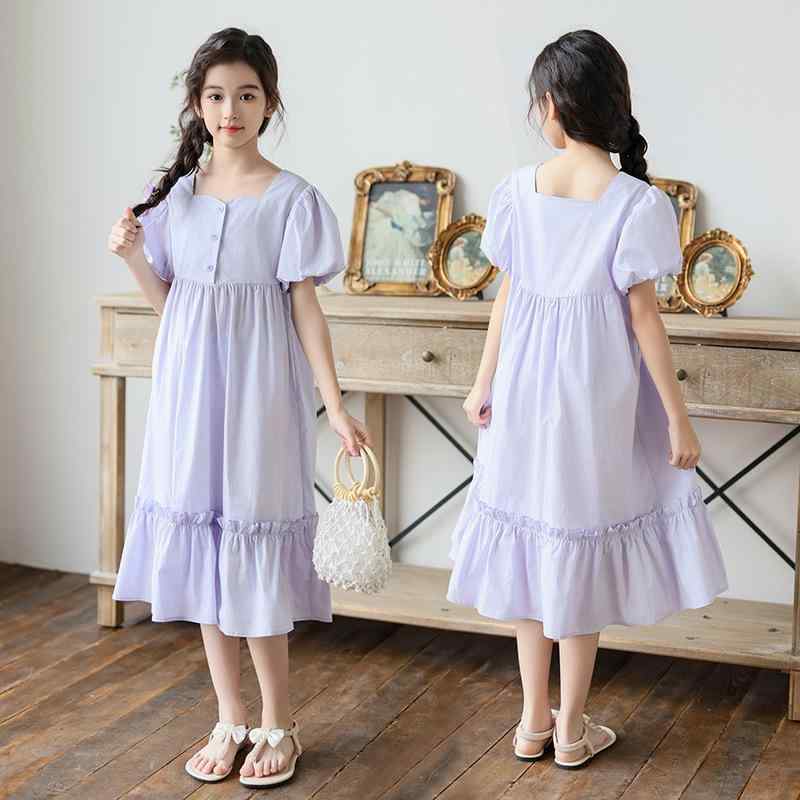 ワンピース 女の子 キッズ ジュニア 子供服 プリンセス風 パフスリーブ 綿 コットン Aライン ふんわり かわいい 春夏 ライトパープル 普段着 お出かけ