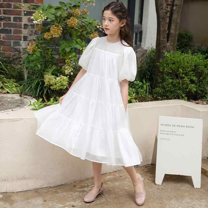 ワンピース 女の子 キッズ 夏 シフォン パール襟 パフスリーブ ロング丈 プリンセスドレス おしゃれ かわいい フォーマル 発表会 ポリエステル 綿 ホワイト