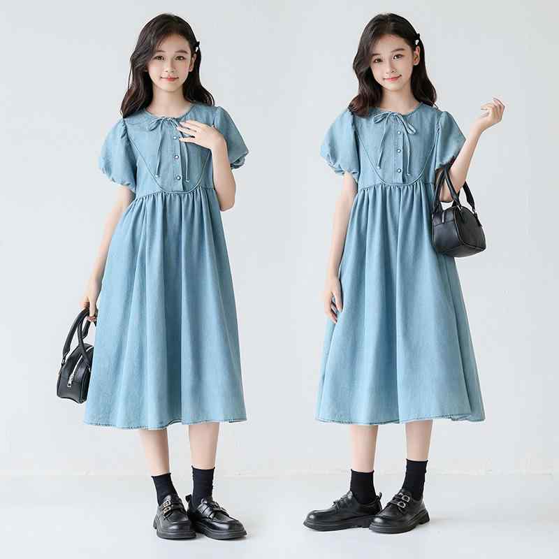 ワンピース 女の子 キッズ ジュニア 子供服 デニム パフスリーブ Aライン 春夏 かわいい おしゃれ カジュアル 普段使い 通園 通学 お出かけ コットン ブルー 韓国風