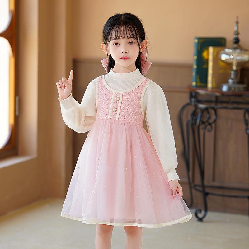 ワンピース 女の子 キッズ ガールズ 春秋 パフスリーブ ドッキング フェイクツーピース プリンセスドレス かわいい スイート チュールスカート コットン ポリエステル おしゃれ お出かけ 子供服 ピンク