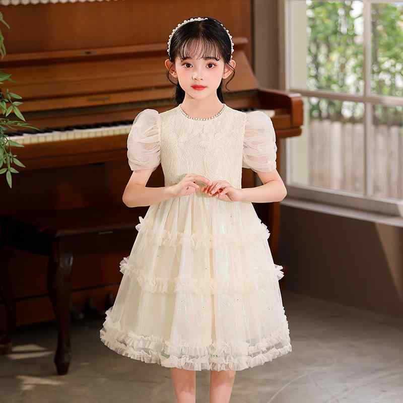 ワンピース 女の子 キッズ レース プリンセスドレス パフスリーブ チュールスカート ふんわり かわいい 華やか エレガント フォーマル セレモニー 誕生日 発表会 パーティー 春夏 アプリコット