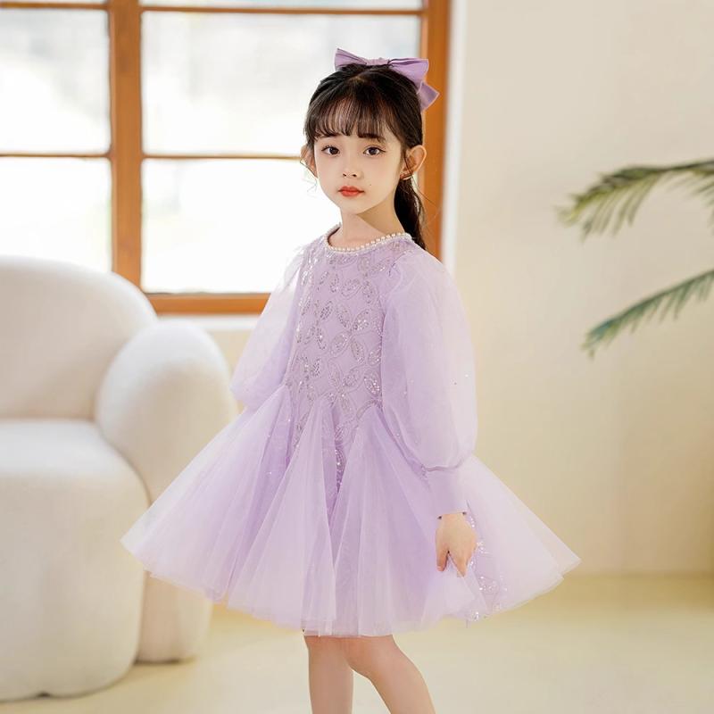 ワンピース 女の子 ガールズ プリンセスドレス パフスリーブ レース チュール エレガント 上品 高級感 裏起毛 綿 春秋 秋冬 発表会 結婚式 誕生日 フォーマル かわいい 子供服 キッズ