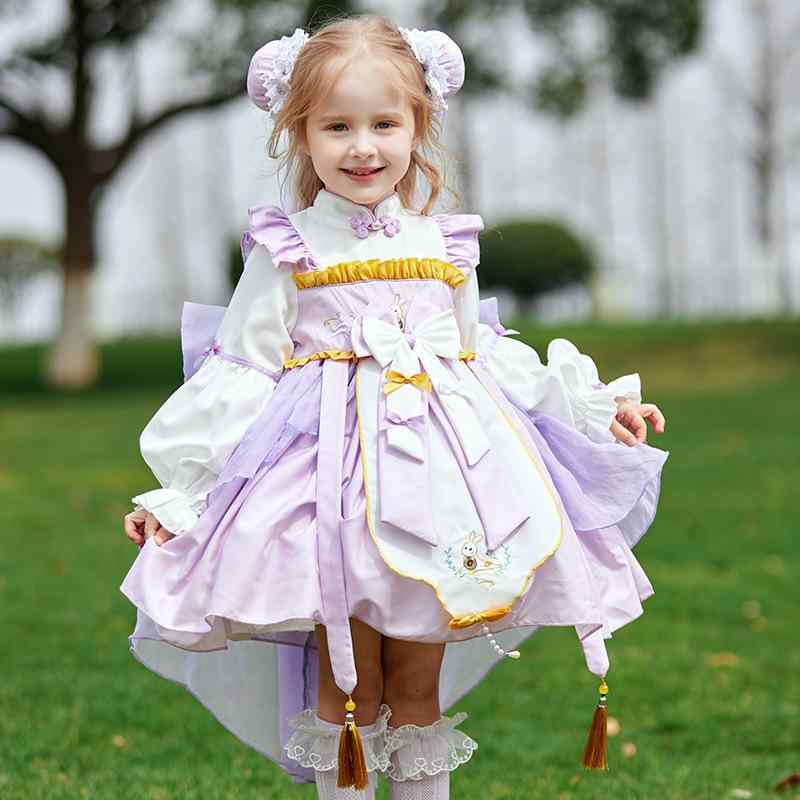 ワンピース 女の子 キッズ ロリータスタイル 中華風ドレス 高級感 刺繡 チュール ふんわり Aライン 長袖 プリンセス ポリエステル 春秋 発表会 パーティー お出かけ着 ベビー 幼児 綿裏地 紫色