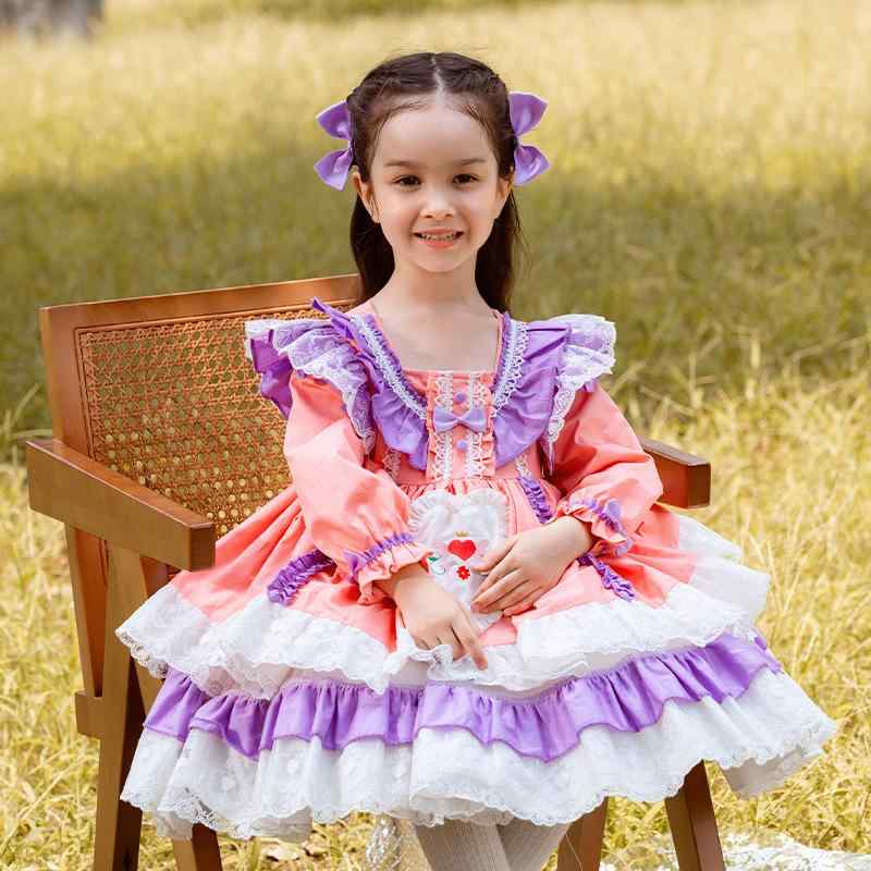 ワンピース 女の子 ロリータ プリンセスドレス ふんわり パフスリーブ 長袖 Aライン 綿 コットン ピンク 春秋 発表会 誕生日 パーティー お出かけ かわいい