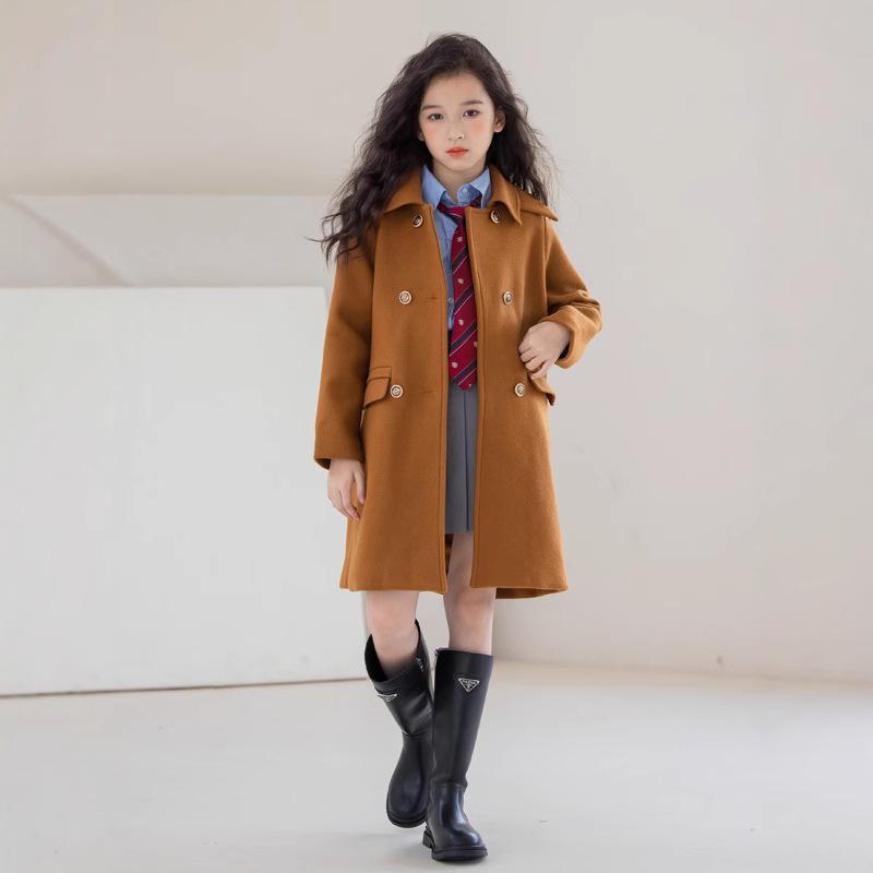 コート 女の子 ジュニア ウールコート ミドル丈 スクール風 アウター 秋冬 襟付き シングルボタン キャラメル ブラウン ポリエステル混 柔らかい肌触り 通学 お出かけ