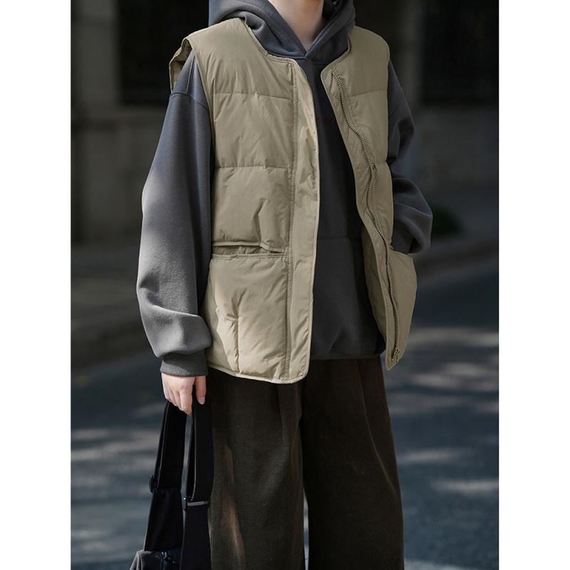 ダウンベスト レディース 女性用 ホワイトダックダウン クルーネック ゆったり ルーズフィット 防寒 保温 軽量 カジュアル 秋冬 ジップアップ ポケット付き ベージュ ブラック(4)