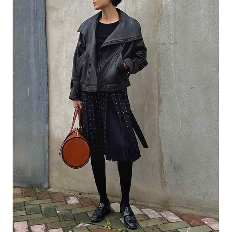 レザージャケット レディース 本革 羊革 シープスキン ライダースジャケット ドルマンスリーブ ビッグカラー ショート丈 レトロ ヴィンテージ ブラック 春秋 カジュアル ストリート