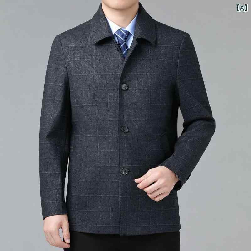ジャケット メンズ 秋冬 ウール混 チェック柄 テーラードカラー シングルブレスト 防風 ビジネス カジュアル オフィスカジュアル アウター 男性用 ミドルエイジ向け グレー レギュラーフィット