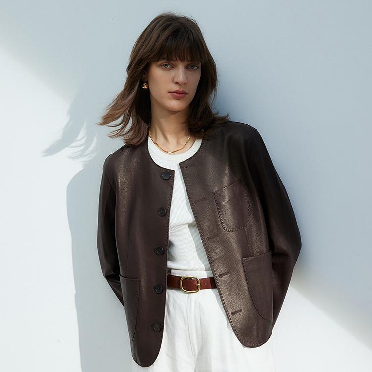 レザージャケット レディース 本革 羊革 ラムレザー ショート丈 ラウンドネック ポケット付き シングル..