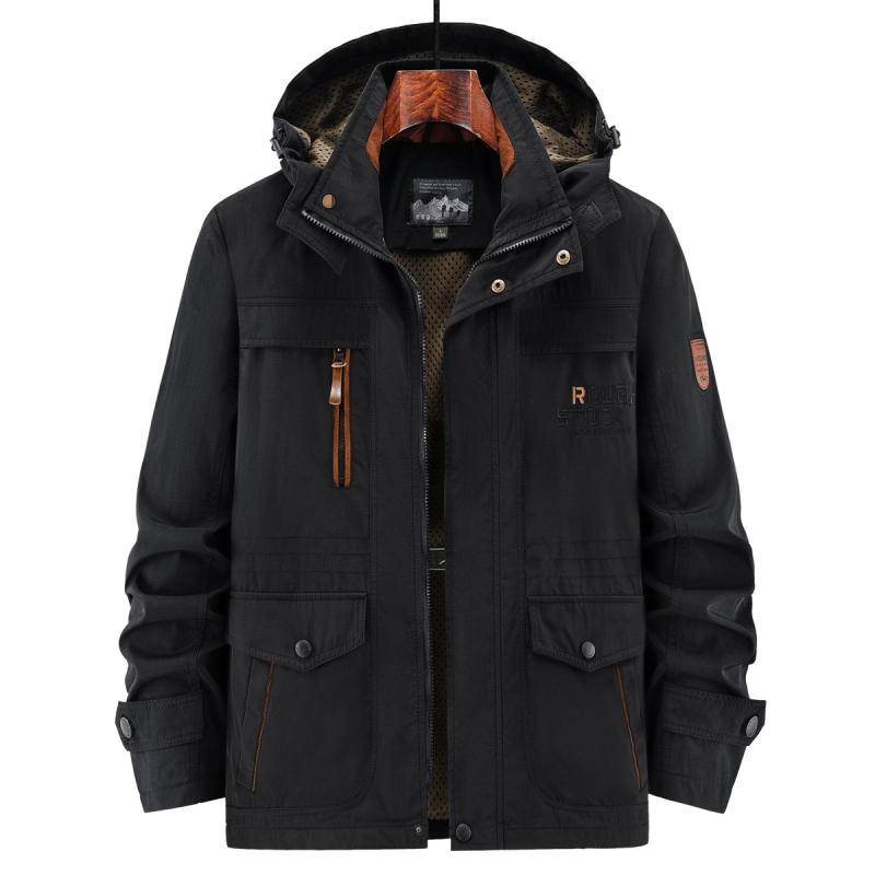 ジャケット メンズ 大きいサイズ アウトドア マウンテンパーカー ブルゾン 秋 薄手 軽量 防風 通気性 フード付き スタンドカラー ゆったり ナイロン ポリエステル 多機能ポケット レジャー 旅行 タウンユース