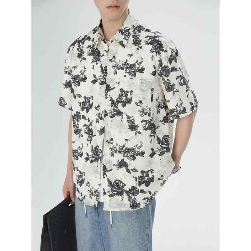 シャツ メンズ 半袖 ゆったりとした リラックスフィット バラ花柄 レトロ カジュアルシャツ 白黒 中国..