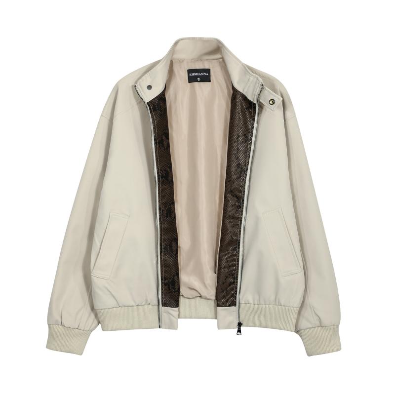 ジャケット メンズ アメリカンレトロ パイソン柄 フェイクレザー 切り替え デトロイトジャケット ルーズシルエット ビッグシルエット ジップアップ 長袖 春秋 カジュアル ストリート アウター ポリエステル 防風 撥水 ブラック アプリコット