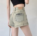 デニム ショートパンツ レディース アメリカンスタイル 黄土色 ハイウエスト 着痩せ効果 ストレートシルエット ヒップライン強調 Aライン 超ショート丈 ホットパンツ