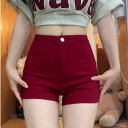 デニムショートパンツ レディース レッド アメリカン ハイウエスト ヒップアップ効果 スタイリッシュ タイトフィット Aライン ホットパンツ 夏用